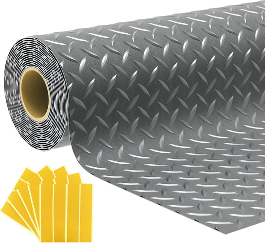 7.5x25 FT Garage Floor Mat, Updated 2.8mm Thicked Flooring Roll with 20Pcs Tapes, 188 sqft Diamond Plate PVC Rubber Trailer Mat, Non-Slip Floor Protector Mat for Garage Warehouse Gyms (Matte Grey)
