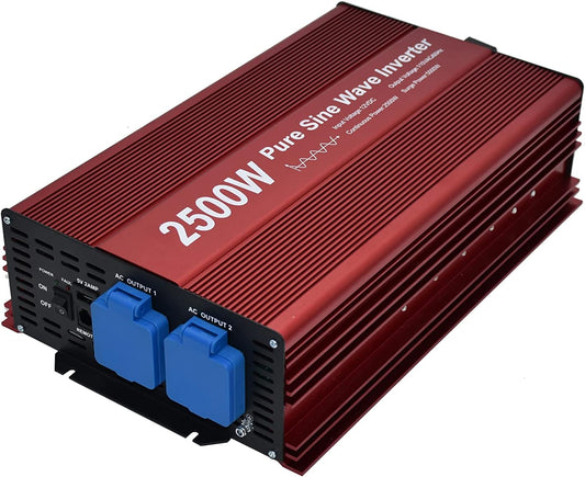 2500W Pure Sine Wave Inverter 12V to 120V AC with 2 AC outlets, DC5V 2 Amp USB Output, LCD Display Wire Remote kit and Heavy Duty Battery Cables.