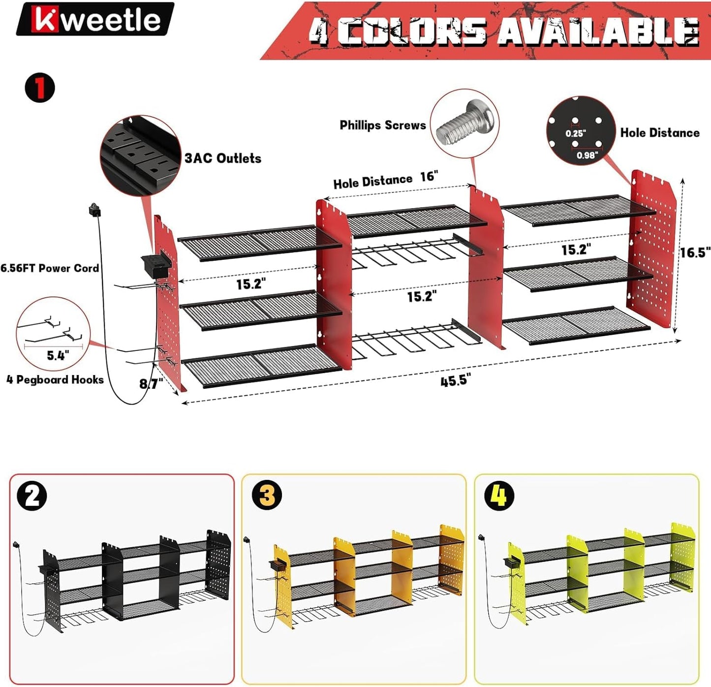 45" Power Tool Organizer Wall Mount with Charging Station - 3 Layer Storage Racks with 8 Cordless Drill Holder, 4 Hooks, Heavy Duty Garage Tool Organizer Storage for Workshop Shed Pegboard Basement