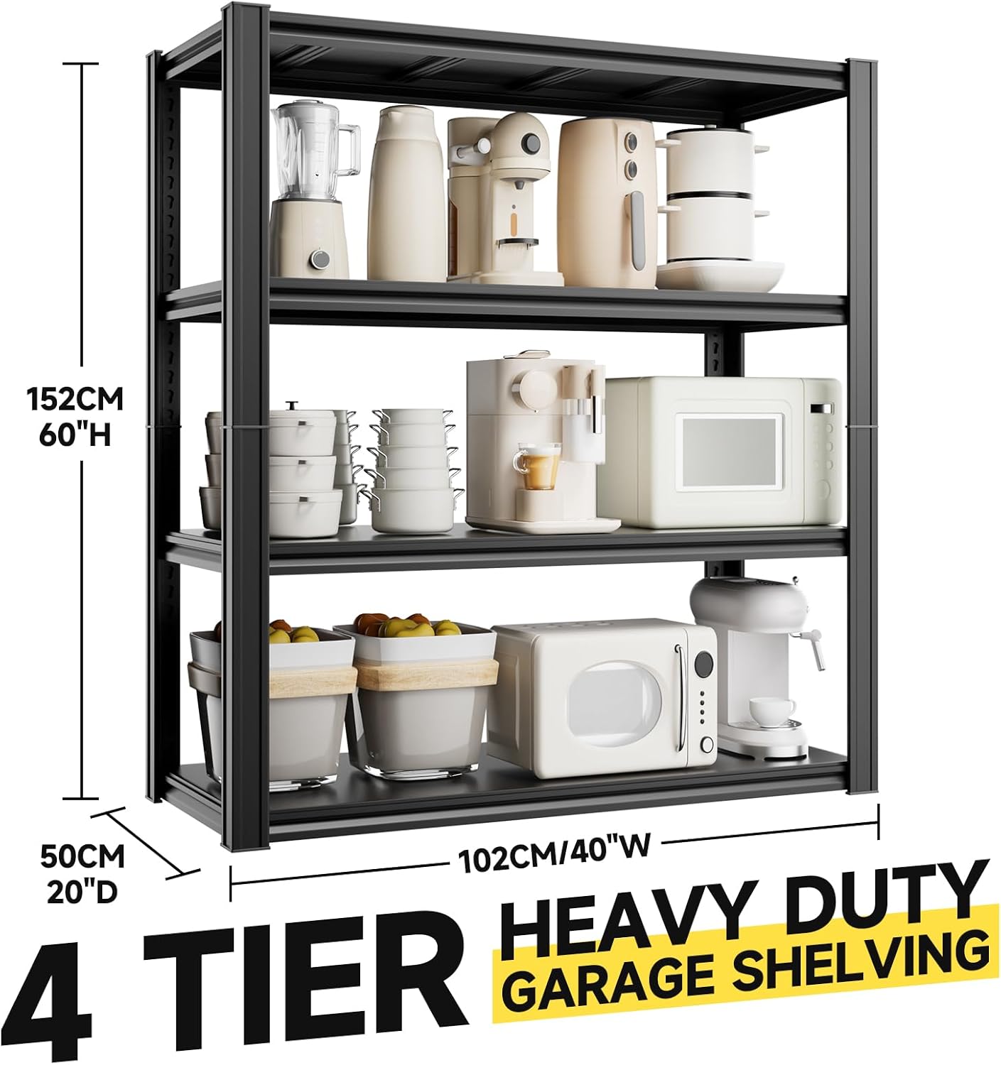 4-Tier Garage Shelving Unit - 40" W x 20" D x 60" H, 2500LBS Metal Industrial Storage Rack, Adjustable Heavy Duty Shelves for Garage (Black)