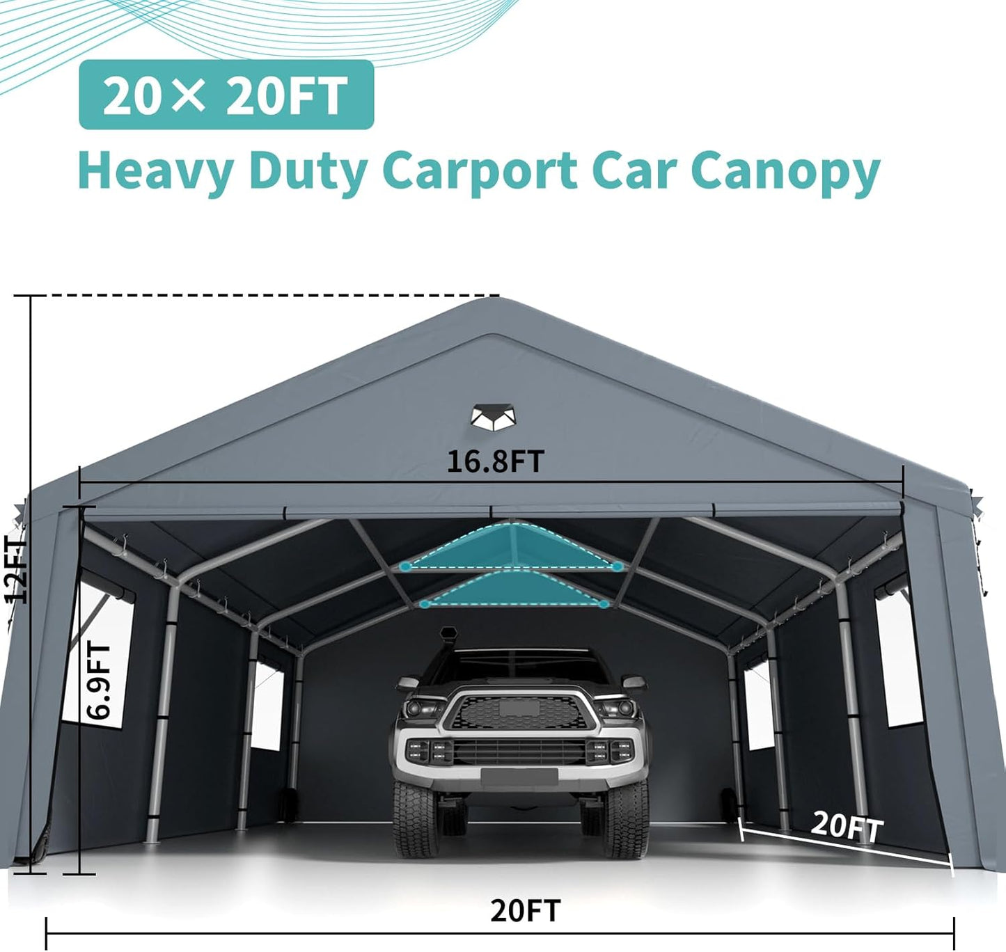 2 Car Carports 20X20 Heavy Duty，Car Ports with 180G Removable Side Walls, Carport Canopy, Portable Car Port Garage, Car Shelter All Weather,Grey