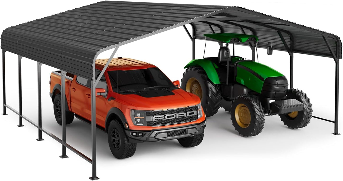 20x20 FT Metal Carport, Enhanced Base and Steel Roof for All-Weather Use, Outdoor Heavy Duty Garage Galvanized Car Shelter for Bass Boats, Full-Sized Pickup Trucks, and Tractors