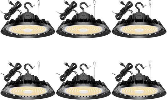 6Pack LED High Bay Lights, 200W UFO High Bay LED Shop Lights, 30000LM Adjustable CCT(5700K 5000K 4500K) & Power(200W 150W 100W), 0-10V Dimmable, 5' Cable Plug, IP65 Waterproof, ETL & DLC Listed