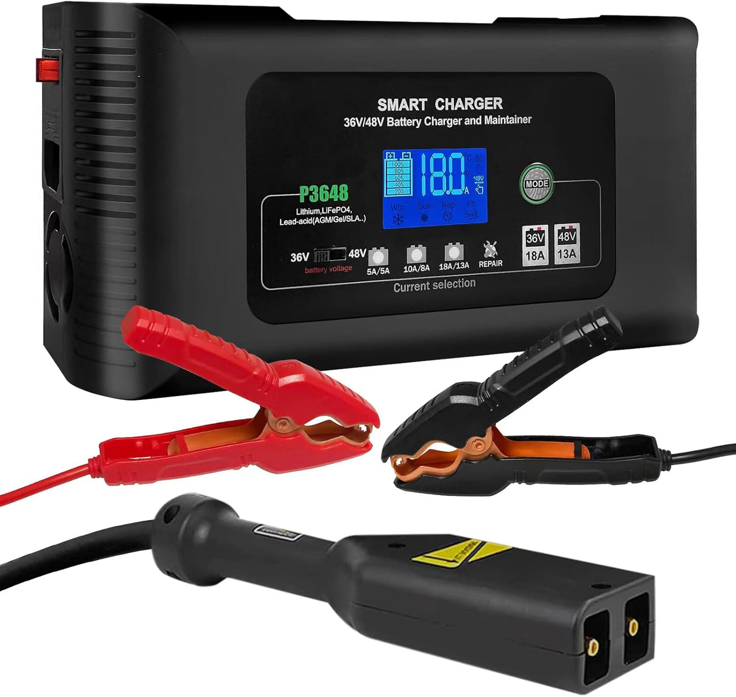 36V/48V Golf Cart Charger, 18Amp Smart Charger, Trickle Battery Charger Maintainer, D-Plug, Lithium, LiFePO4, Lead-Acid AGM/Gel/SLA, EZGO TXT, Car, Boat