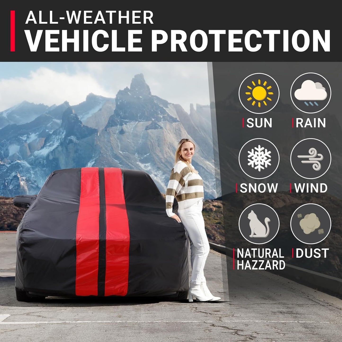 iCarCover Custom Car Cover for Pontiac Grand Am (1992-2005) Waterproof All-Weather Rain Snow UV Sun Protector Full Exterior Indoor Outdoor Car Cover (Stripe - Black/Red)