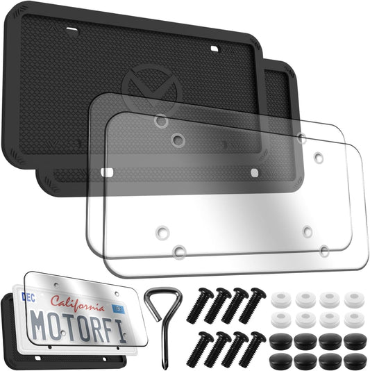 2 Pcs Silicone License Plate Frames with Polycarbonate Covers, Rust-Proof, Weather-Resistant, Easy Installation, Premium License Plate Protector for Cars with 2 Drainage Holes
