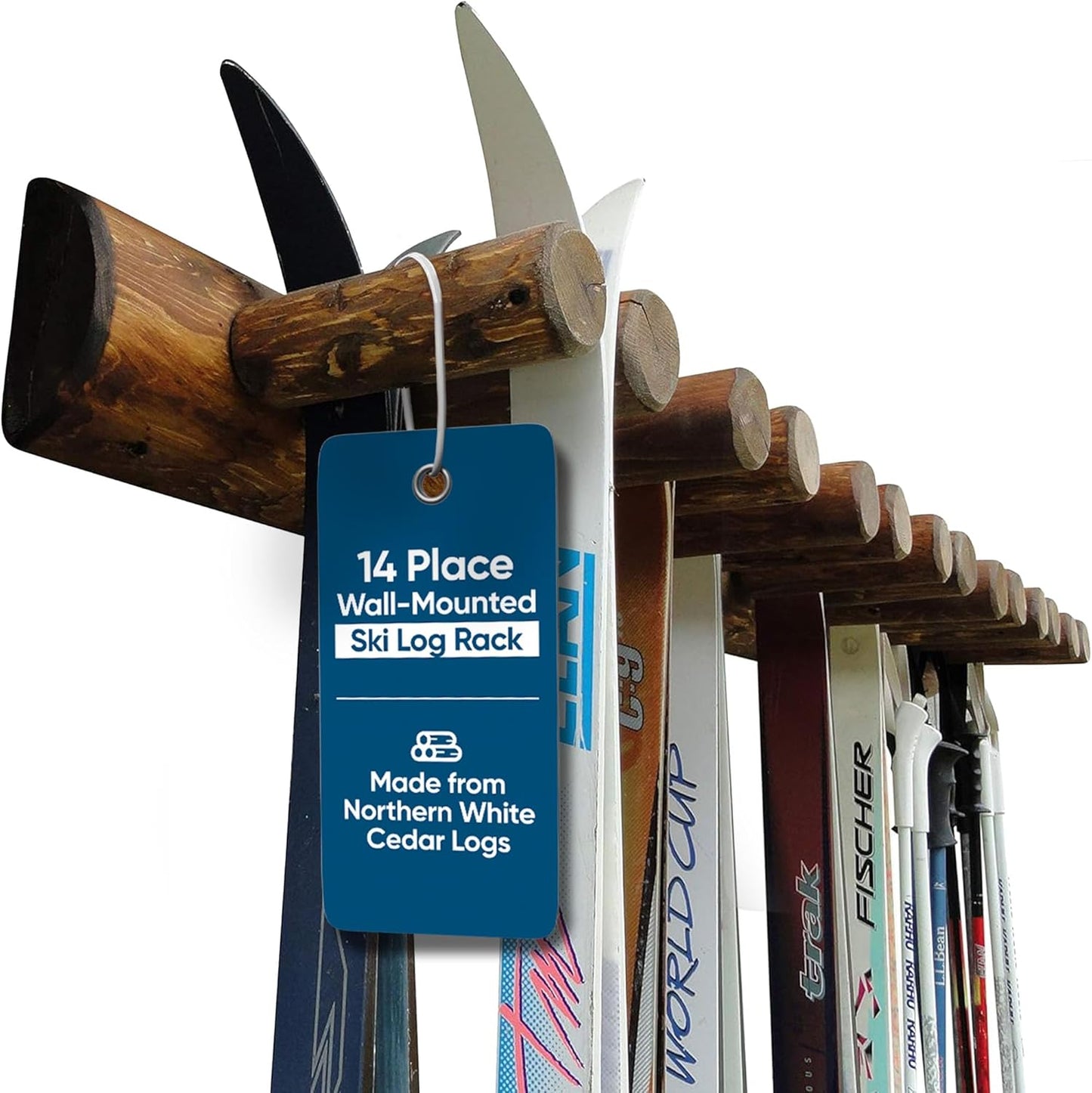 14-Place Log Ski Rack Wall Mount, Indoor Ski Storage Rack for Garage Organizers, Wooden Skis Wall Mount Storage Racks, Pole Skis Sports Racks, Garage Organization Walls - Canyon Brown