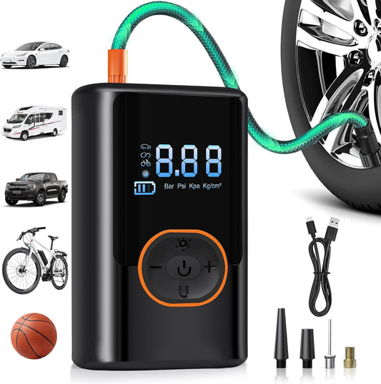 2025 Cordless Tire Inflator w/Digital Gauge 150PSI, Portable Air Pump for Car/Motorcycle/Bike, USB-C Fast Charge & Auto Shut-Off, Travel/Home Emergency Kit