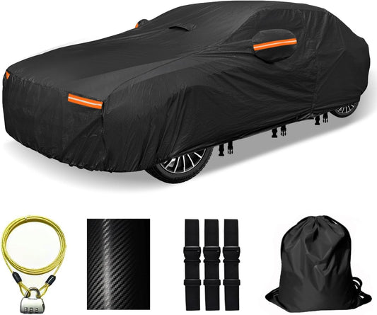 30 Layers Car Cover for Automobiles All Weather Waterproof, Outdoor Snowproof UV Protection Windproof, Door Zipper, Soft Cotton, Heavy Duty Universal Car Covers, (Black, Fit Sedans 171"-180")