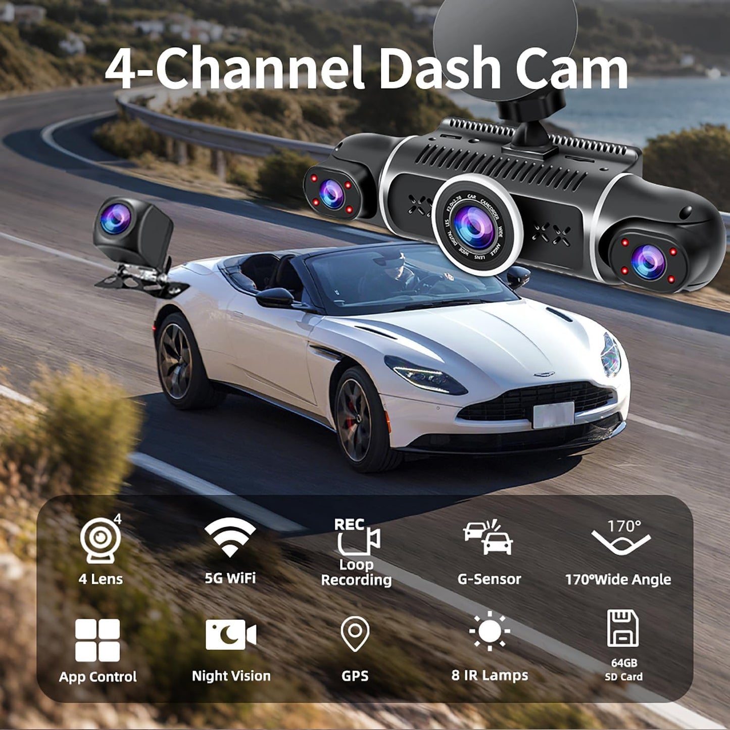 360° Dash Cam Front and Rear View 4 Channel Dash Camera FHD 2K+1080Px3 for Car, Inside/Back 170°+2x150°+170° Wide Angle, 8 IR Lamps Night Vision,WiFi,GPS, APP,G-Sensor with 64GB Card,24/7 Parking Mode
