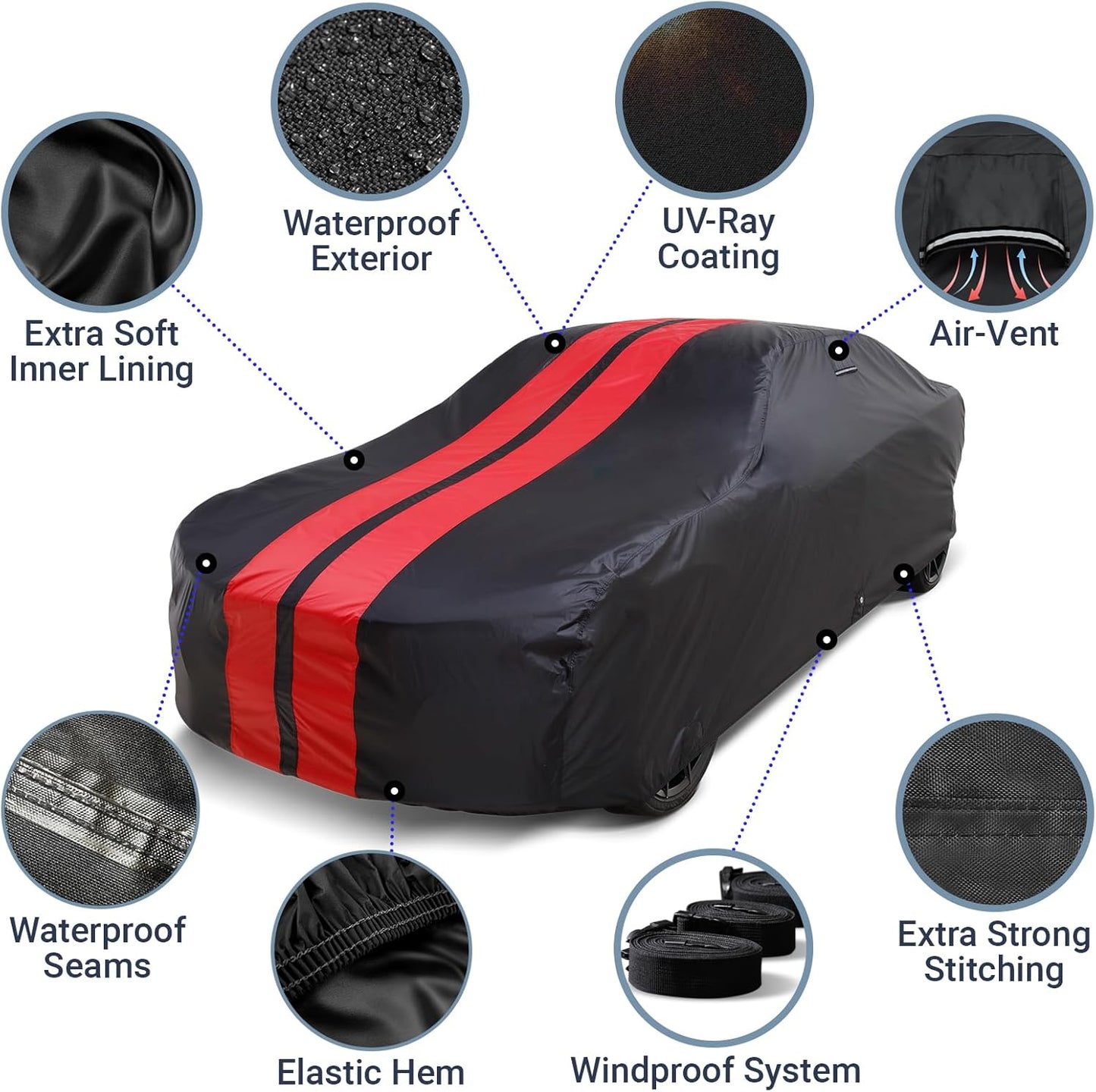 iCarCover Custom Car Cover for Pontiac Grandville (1971-1975) Waterproof All-Weather Rain Snow UV Sun Protector Full Exterior Indoor Outdoor Car Cover (Stripe - Black/Red)