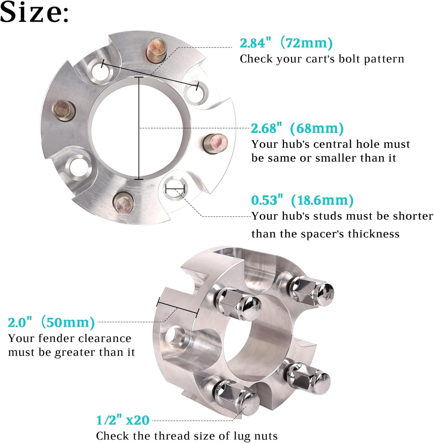 10L0L Golf Cart Wheel Spacers Adapters 2 Inch for EZGO Club Car 4 Lug (4x4 Bolt Pattern, 68mm Hub Bore, 1/2-20 Studs) - 4 Pack