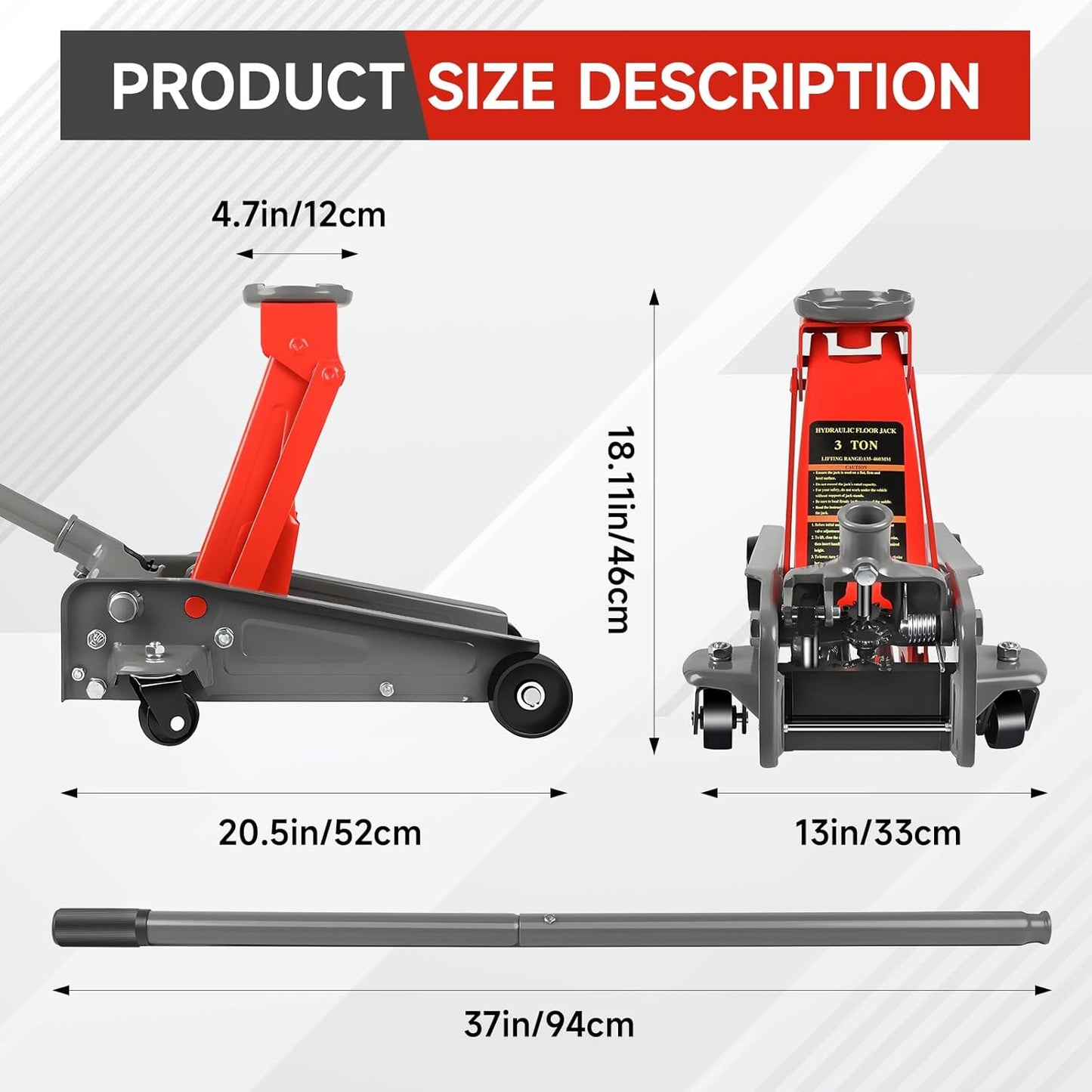 3 Ton Floor Jack,6600 LBS Heavy Duty Hydraulic Floor Jack,Lift Range:5.31'' -18.11'', Carbon Steel with Wheels for Cars,Suitable for Home,Garage and Repair Shops,Red