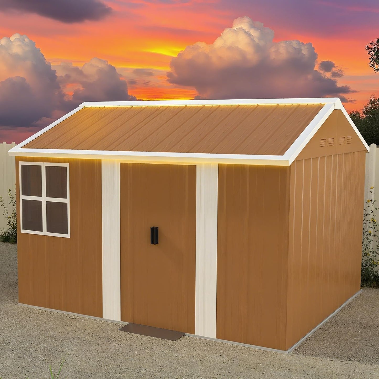 10 x 8 FT Outdoor Storage Shed, Metal Garden Tool Shed with Slooping Roof, Lockable Doors and Windows, All-Weather Weatherproof Blike shed for Garden, Patio, Lawn, Yellow