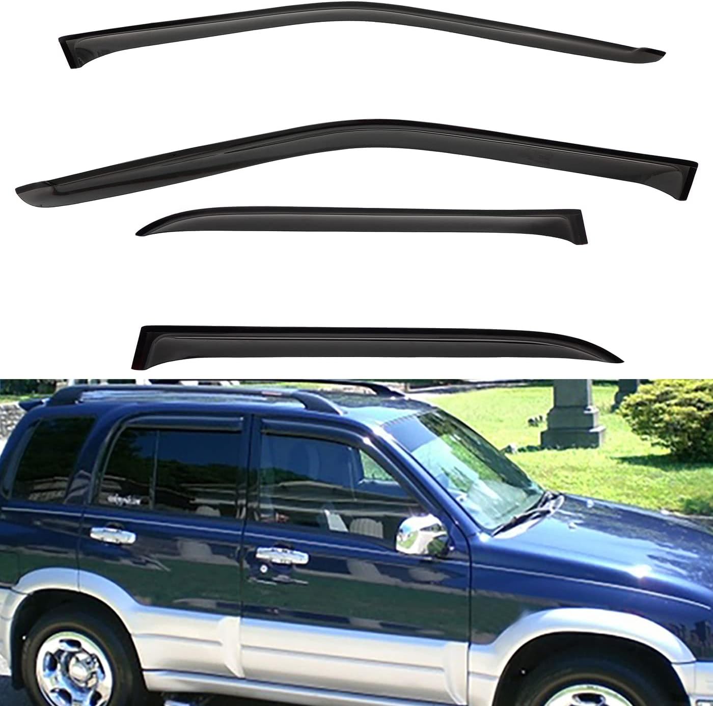 4pcs Front+Rear Smoke Tint Sun/Rain Guard Outside Mount Tape-On Vent Window Visors Compatible with 99-05 Grand Vitara 99-04 Tracker