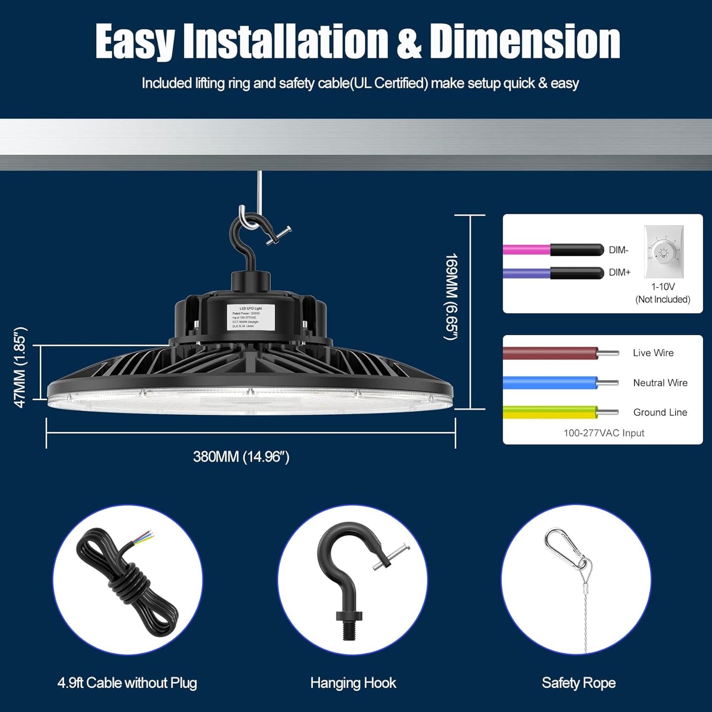 300W UFO LED High Bay Light 1-10V Dimmable, 5000K Daylight 42000LM, UL DLC Listed Low Bay LED Lights for Workshop Factory Warehouse, IP65 Waterproof Shop Lights Low Bay Lighting 100-277VAC Input