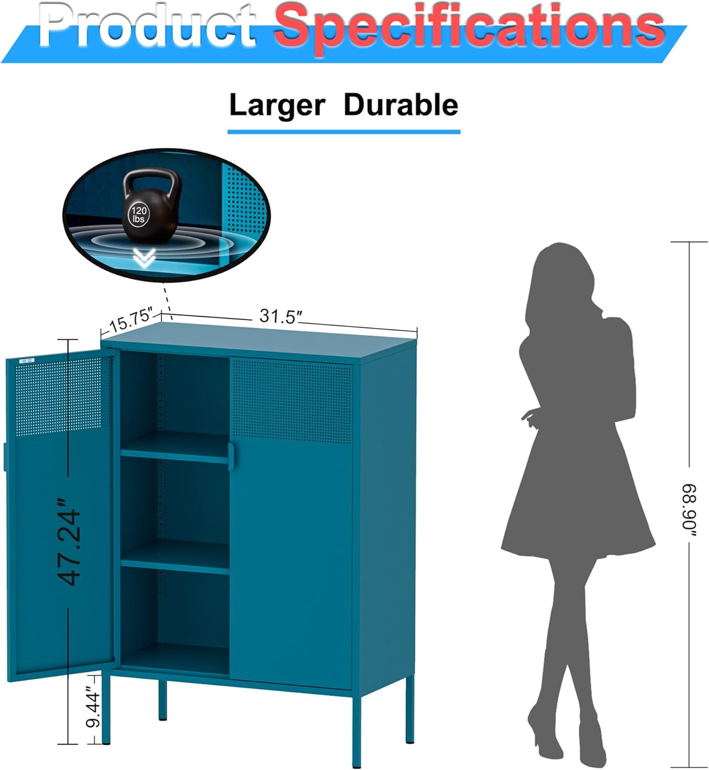2 Mesh Door Metal Cabinet with Adjustable Shelves, Multipurpose Peacock Blue Storage Cabinet, 3-Tier,Metal Storage Cabinet for Office Home,Hallway(Peacock Blue, 47''H)