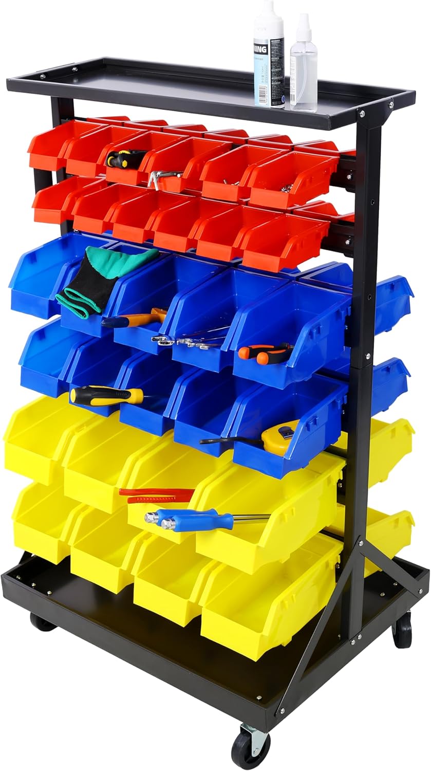 60 Parts Bin Rack Garage Storage Unit 6 Tiers System Steel Shelf with Portable Wheels, Mobile Tool Organizer Plastic Bins, for Men Birthday Gift (6 Tiers)