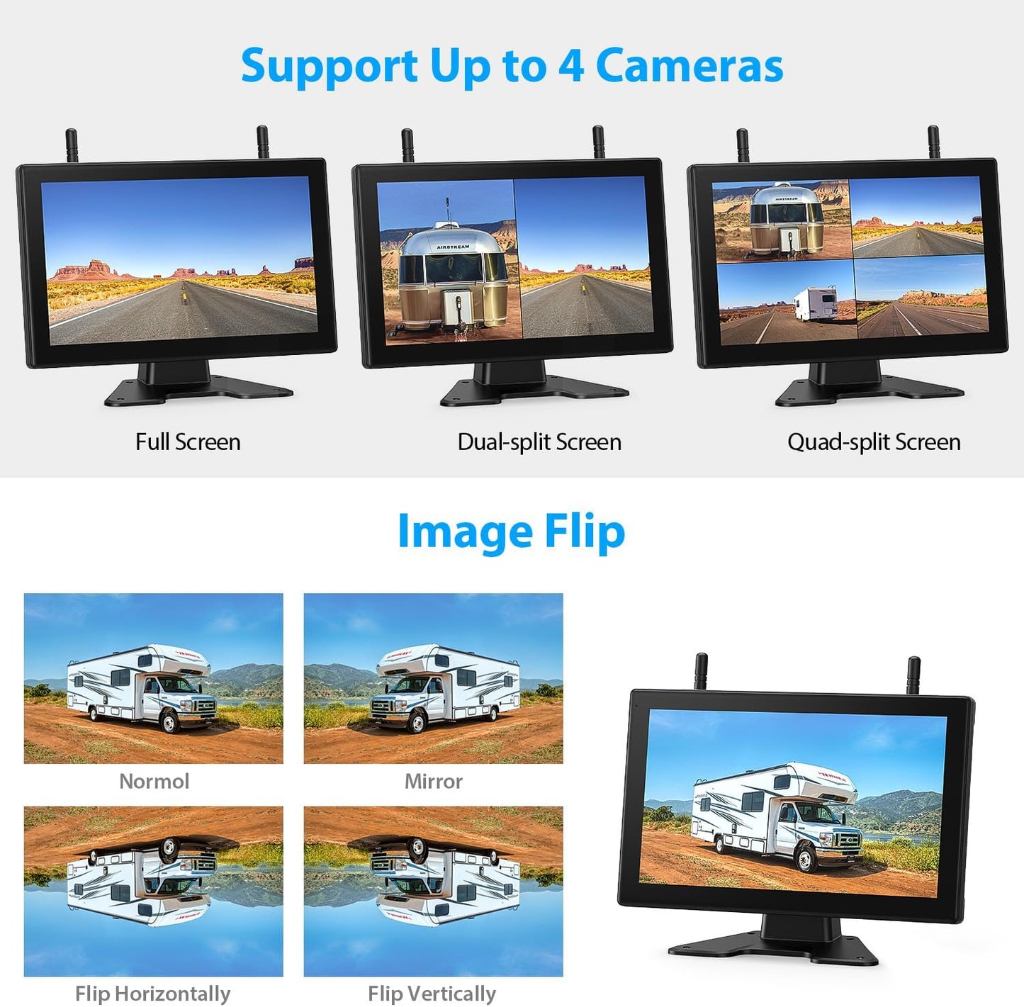 3 Magnetic Solar Wireless Backup Camera HD1080P Loop Recording 10.1 Inch Touchscreen Monitor, Quad RV Rearview Backup Cameras Wireless System for RV Trailer Tractor Truck, BL103