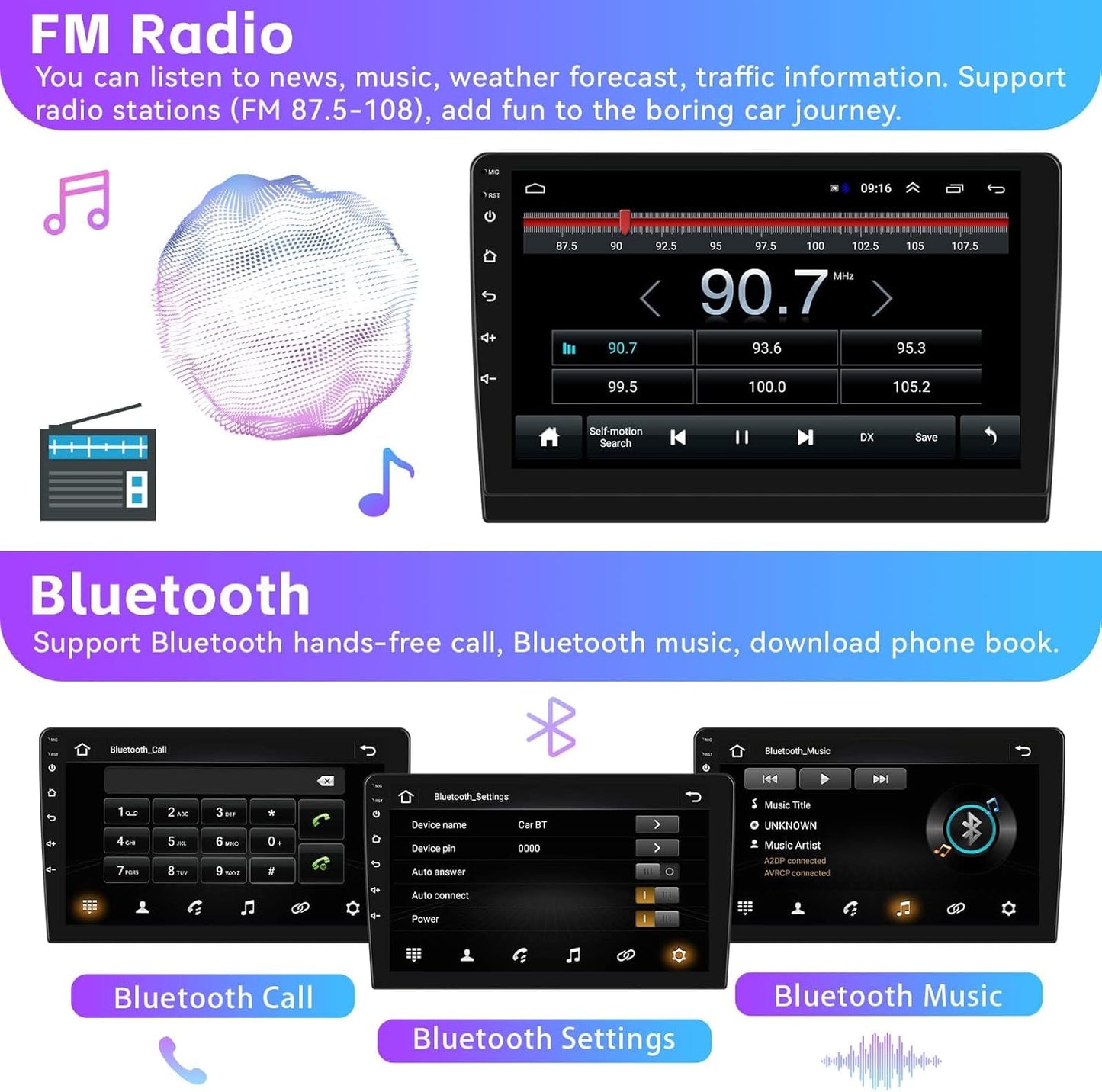 2+64G Android 13 Car Stereo for Hyundai Santa Fe IX45 2013-2018 with Apple Carplay Android Auto Mirror Link 9 inch Touch Screen FM RDS HiFi Bluetooth WiFi GPS+AHD Camera & MIC