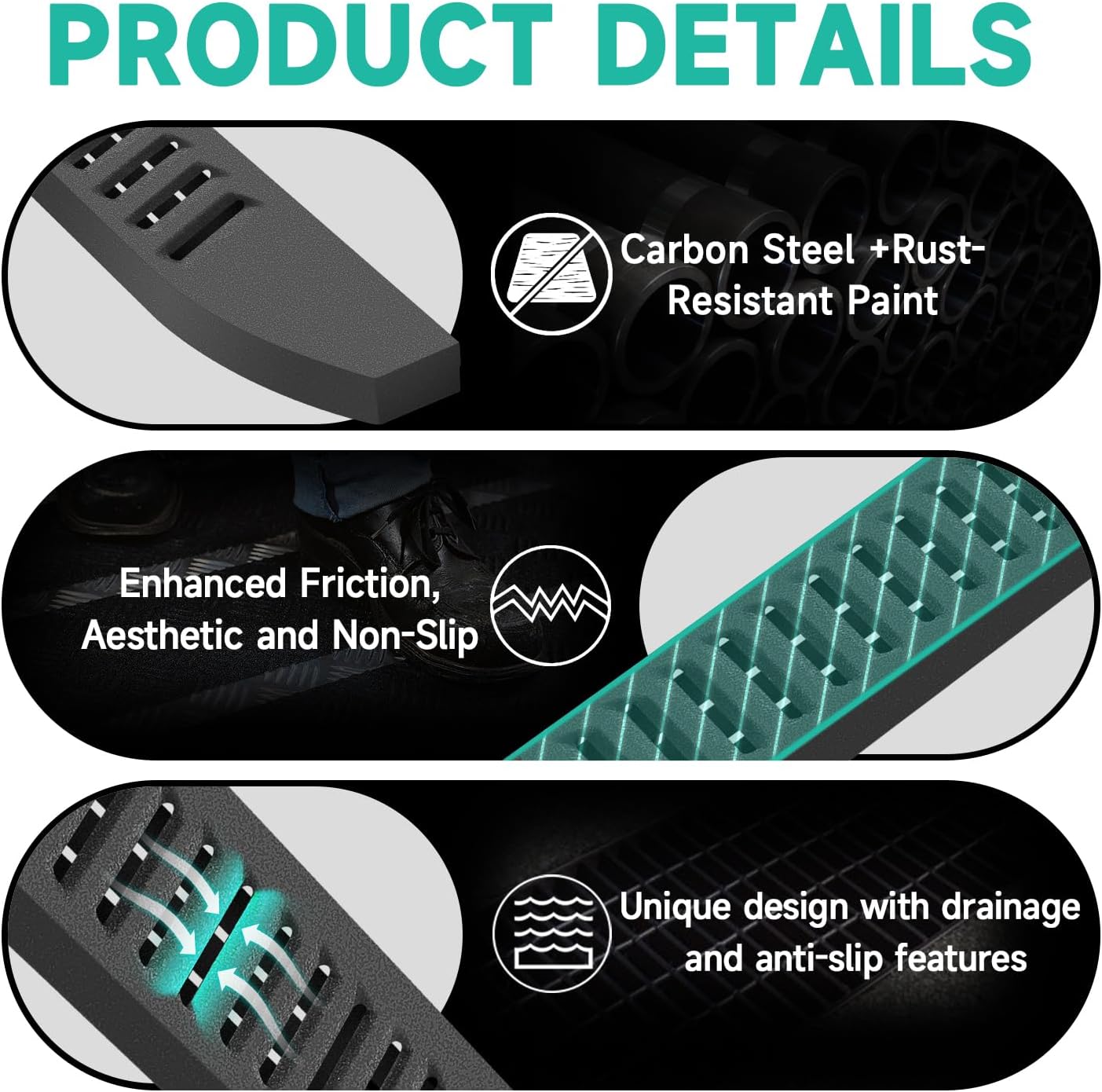 6'' Running Boards – Heavy-Duty Black Carbon Steel with Powder Coating – Compatible with 2019-2024 Silverado Crew Cab (Diagonal Slots)