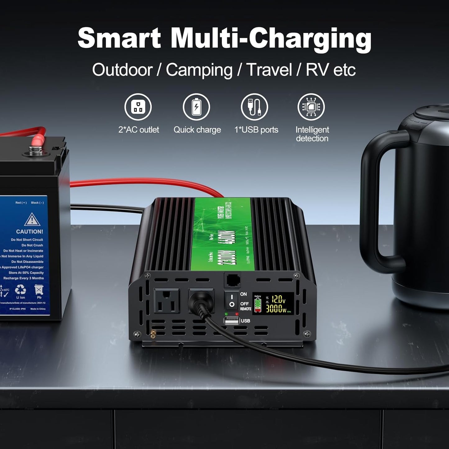 2300W Power Inverter,Peak Power 4600W 12V DC to AC 110V120V,Remote Control with 2AC Outlets and 2.4USB Port,LED Display for Power Converter,Outdoor Activities,Emergency,Vehicles Truck RV Solar System