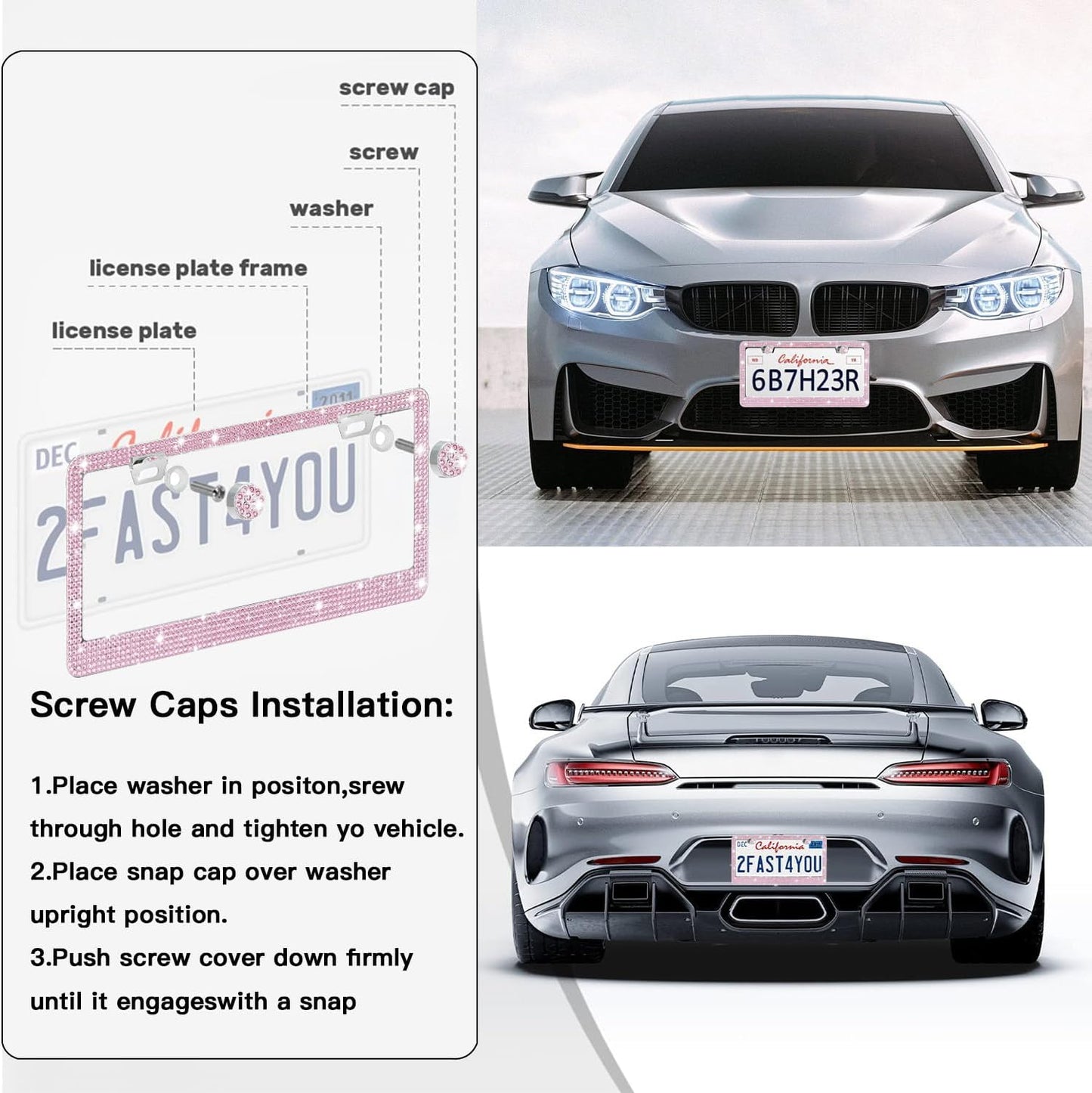 2 Pack License Plate Frames for Women, Sparkly Rhinestone Diamond Car Accessories with Glitter Crystal Caps (Pink (2PCS))