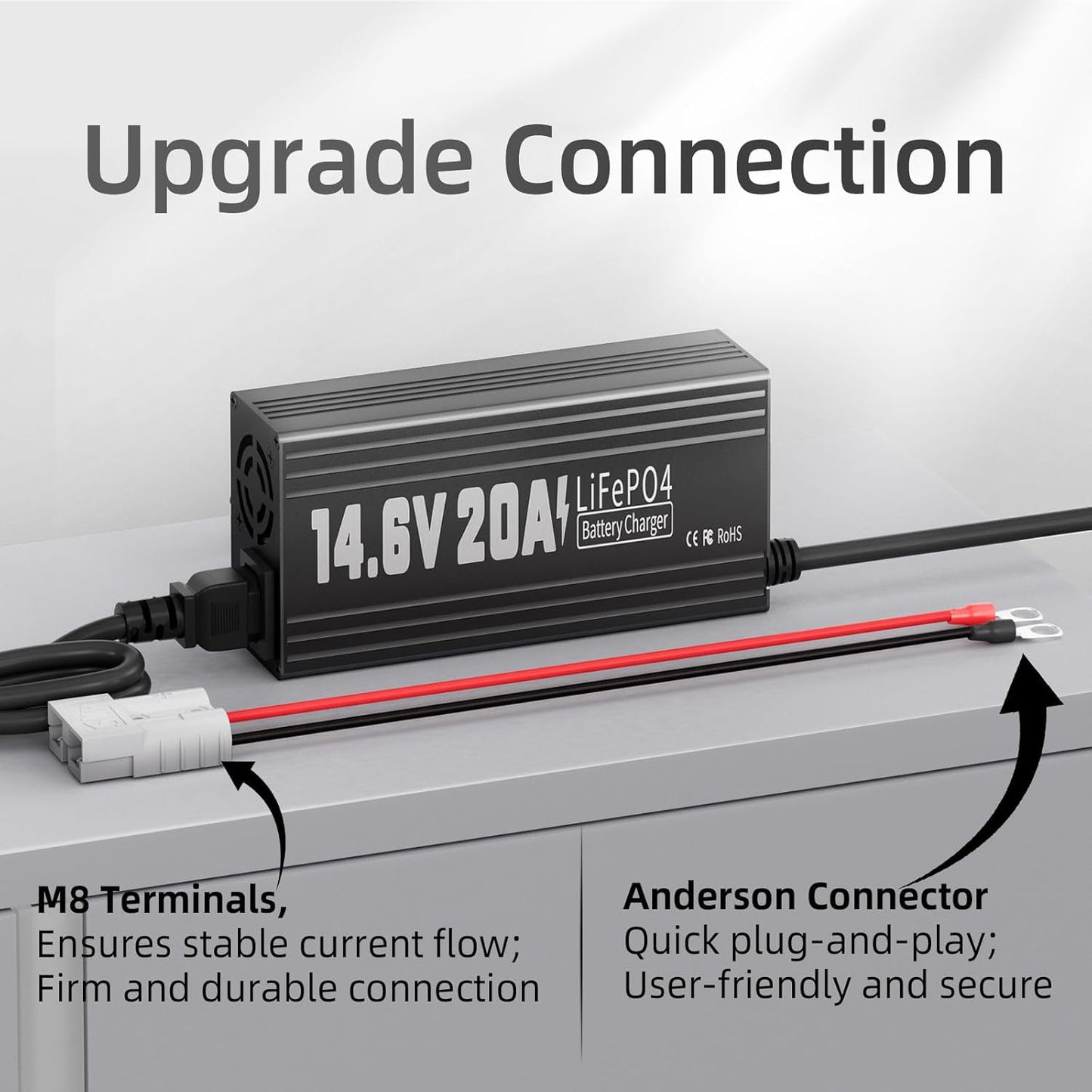12V 20A Lithium Battery Charger, 14.6V LiFePO4 Battery Charger AC-DC Fast and Smart Charger with Anderson Connector Led Indicator for Lithium LiFePO4 Deep Cycle Batteries of Home, Boat, RV