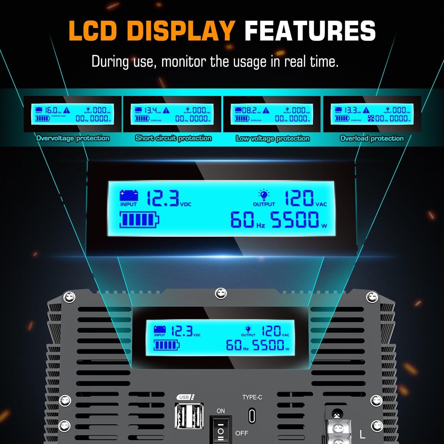5500 Watt Power Inverter 12V DC to 110V 120V Converter for Family RV Off Grid Solar System Car with Type-C Ports 3 AC Power Outlets Dual USB Ports LCD Display Wireless Remote Control