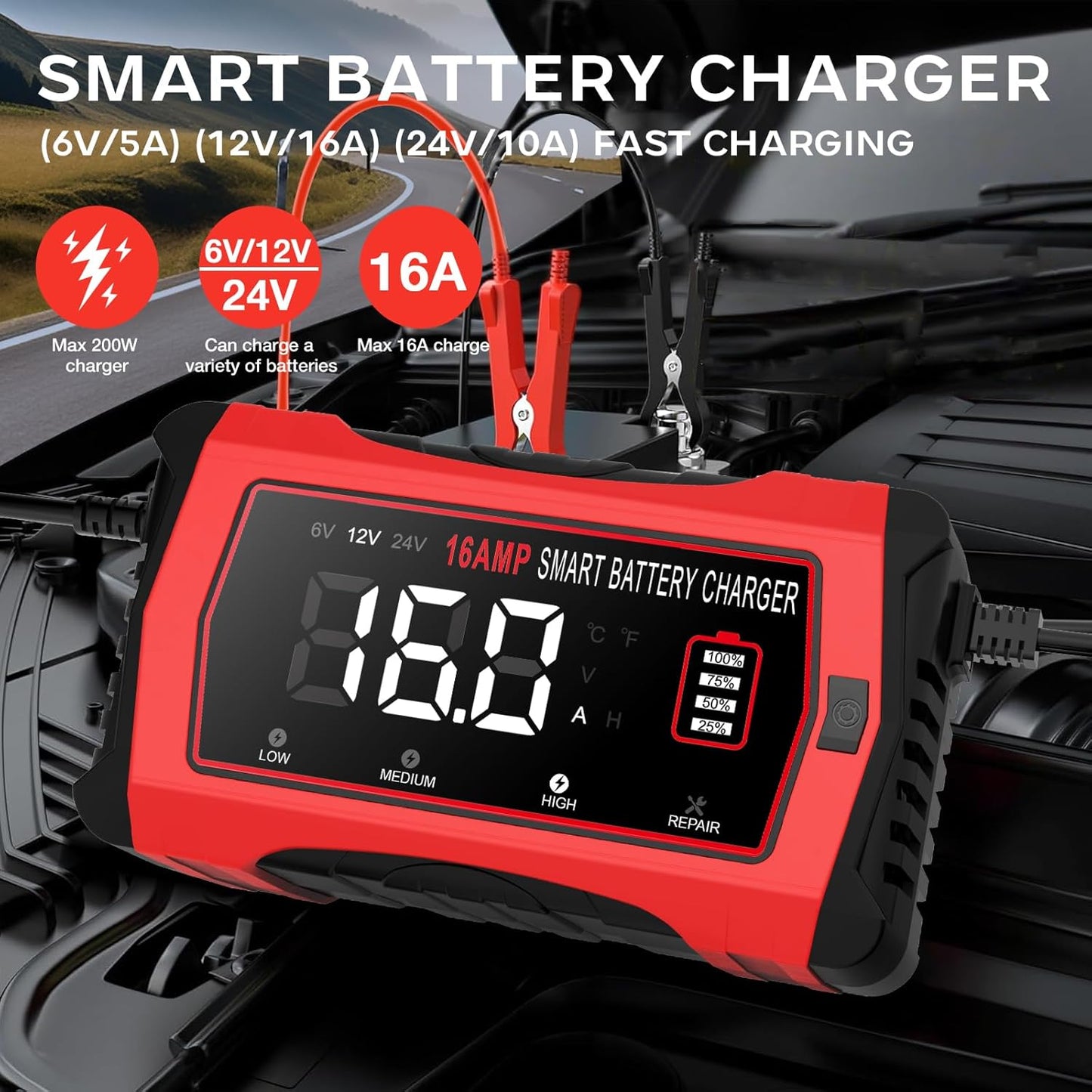 16-Amp 24V/12V/6V Portable Car Battery Charger,Smart LiFePO4 Lithium Lead-Acid Battery Charger,Trickle Charger,Maintainer w/Temperature Compensation for Motorcycles Boats ATVs Lawn Mowers