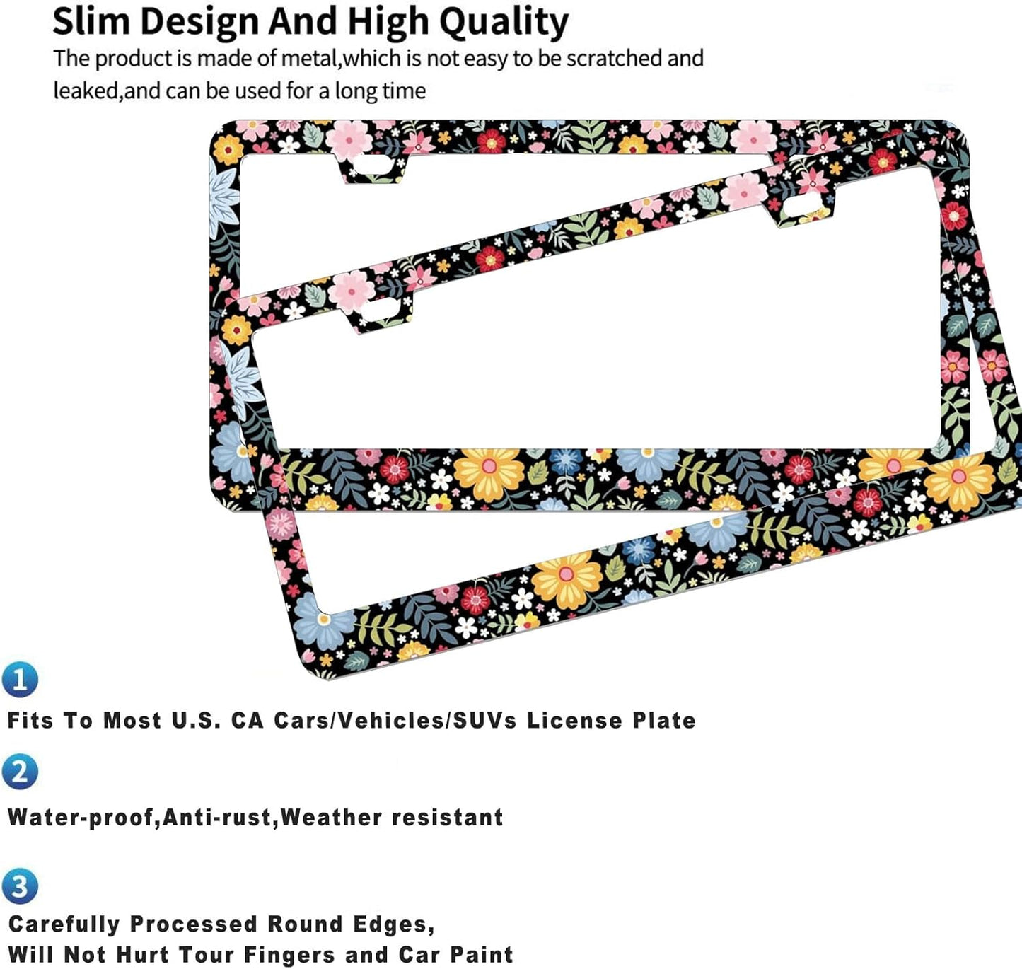 2 Pack Universal Retro Colorful Flowers License Plate Frame - Heavy Duty Rustproof Aluminum Matte Black Car Tag Holder Bracket Fits All Vehicles, Easy Install with Screws Included
