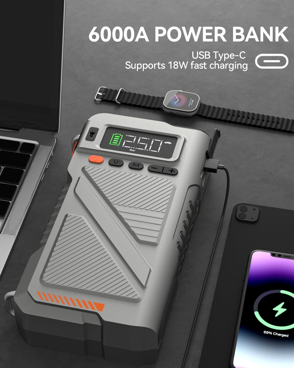 2025 Car Jump Starter with Air Compressor, Portable 6000A 150PSI Car Battery Jump Pack with Digital Tire Inflator for 10L Gas/9L Diesel,12V Power Jump Box