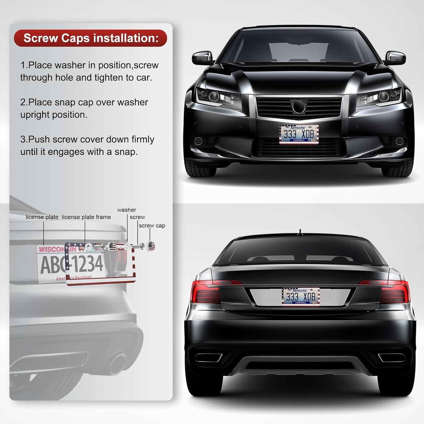 2 Pack License Plate Frames, Stainless Steel Car License Plate Cover Car Accessories with Screw Caps (Red and Blue)