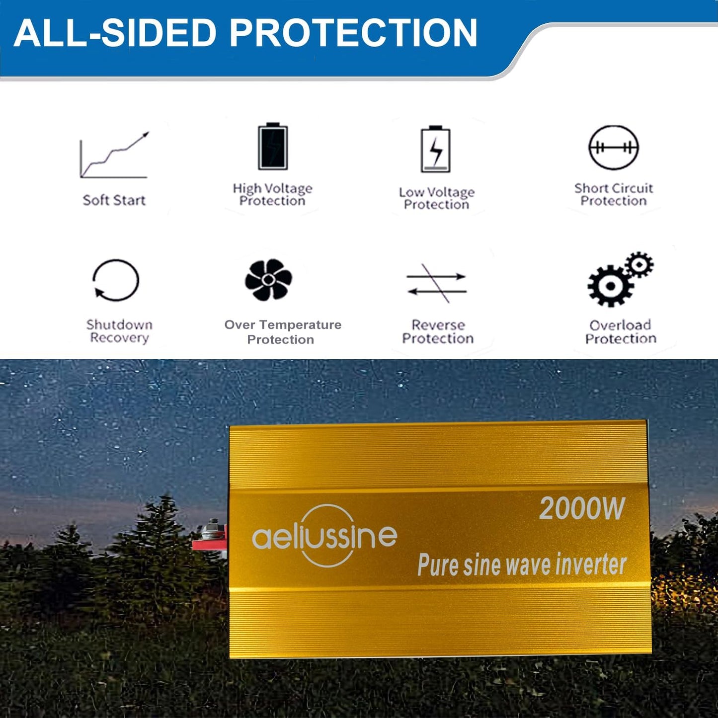 2000W Pure Sine Wave Inverter-48V DC to 110V 120V AC Power Converter with 2 AC Outlets, 48 Volt Power Inverter for Truck, Rv, Camping, Home, Emergency Power