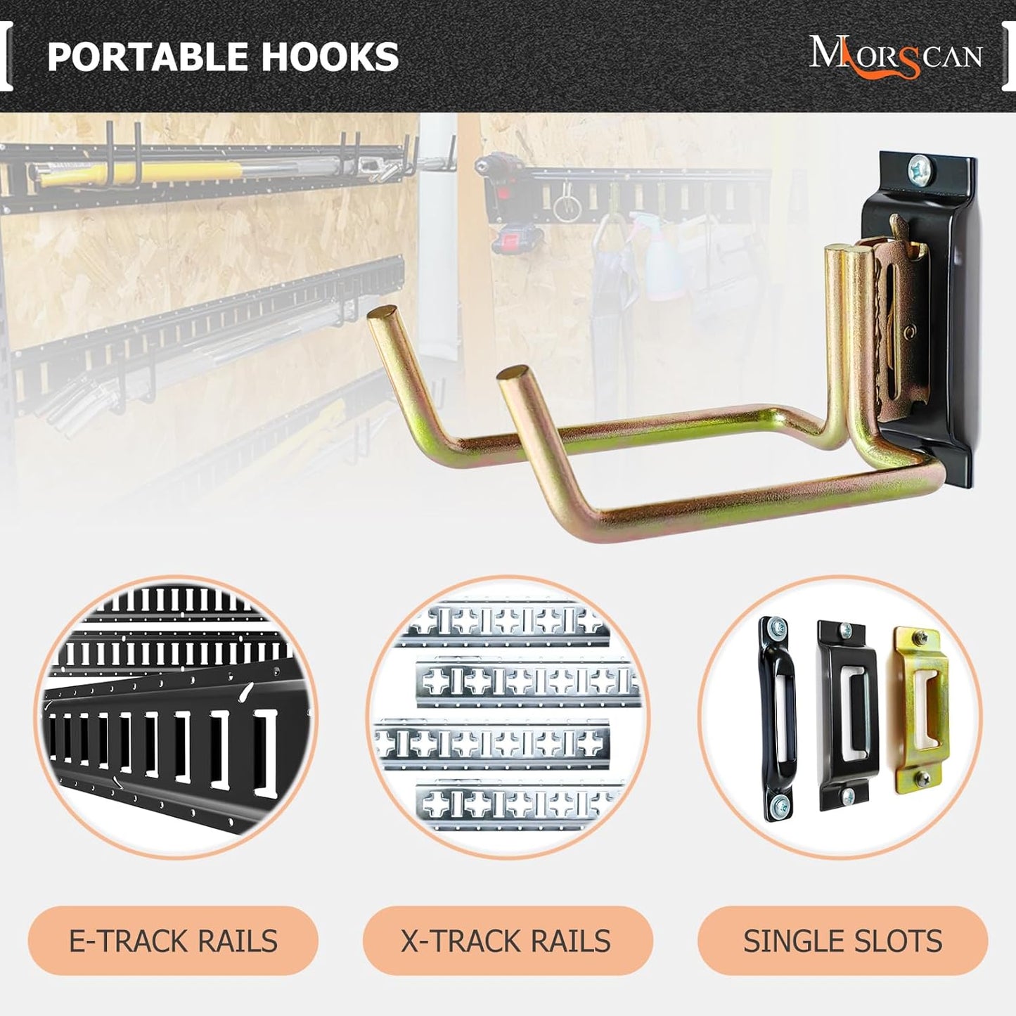 4 Pack E Track Heavy Duty Shovel Hanger, Large Steel Tool Hook Double J Hook for Store Long Handled Tools in Trailers, Trucks, Vans, Warehouses, Garages, Workshop, Garden Tools Organizers Storage