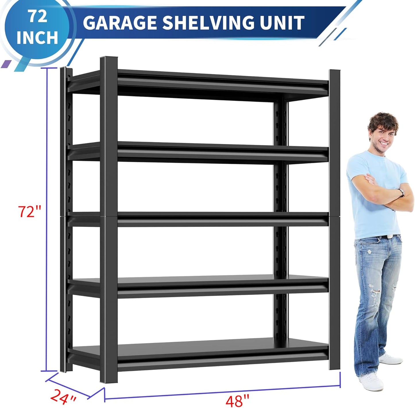 5-Tier Heavy Duty Metal Garage Shelving Unit, 24" D x 48" W x 72" H, Industrial Style, Adjustable Shelves, 3000 lbs Capacity