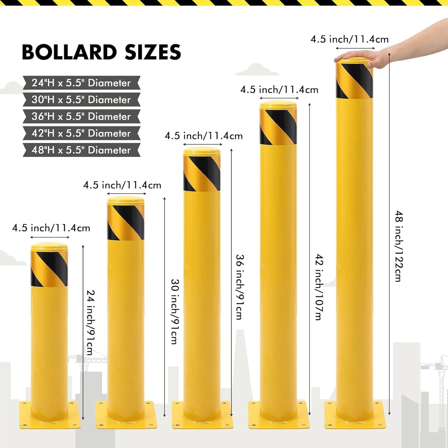 6 Pack Safety Bollard Post, 42 Inch Height 4.5 Inch Diameter Yellow Pipe Safety Steel Bollards with Anchor Bolts and Wrench, Steel Bollards for Road Warning Construction Public Place Traffic Control