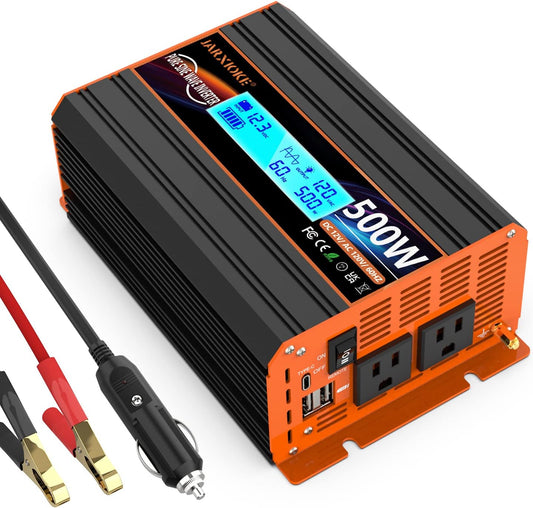 500 Watt Pure Sine Wave Power Inverter 12V DC to 110V 120V Converter for Home, RV and Off-Grid Solar Systems with Type-C Port, 2 AC Outlets, 2 USB Ports, LCD Display