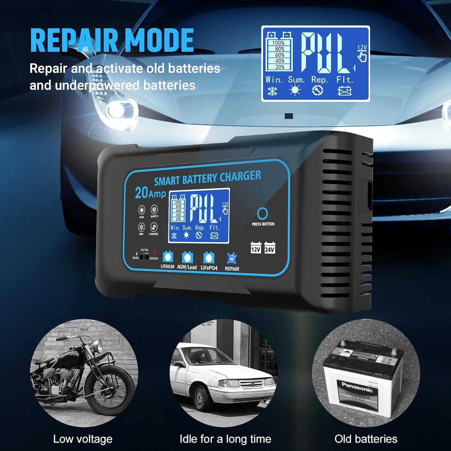 20-AMP Car Battery Charger, 12V 20A and 24V 10A Smart Automotive Charger, Battery Maintainer, Trickle Charger for Car, Motorcycle, Boat, Lead-Acid, Lithium, LiFePo4 Battery