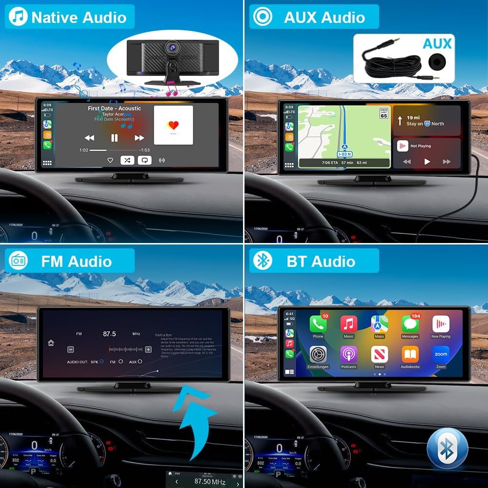 10.26" Portable Apple Carplay Screen for Car, Carplay & Android Auto Car Stereo, Touchscreen GPS Navigation 4K Dash Cam/1080P Backup Camera/Mirror Link/Bluetooth/Voice Control