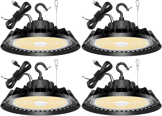 4Pack LED High Bay Lights, Super Bright 150W UFO High Bay LED Shop Lights, 22500LM 5000K, 0-10V Dimmable, 5' Cable Plug, IP65 Waterproof, ETL Listed Plug & Play Lighting for Factory Warehouse