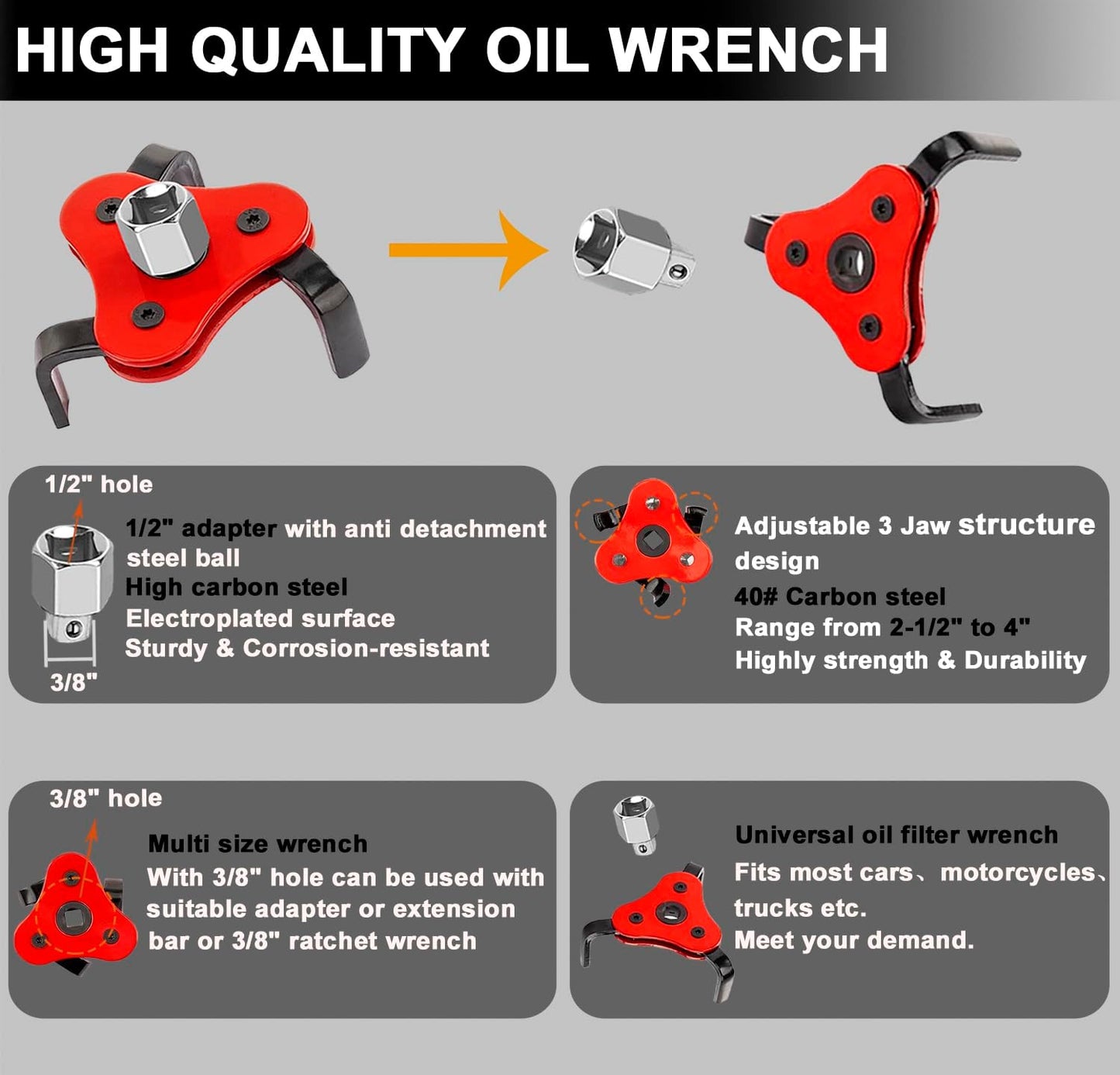 6Pcs Oil Filter Pliers Set, Universal Oil Filter Wrench with Oil Funnel, 10" & 12" & 14" & 16" Premium Oil Filter Removal Tool From 1-1/4" to 8-1/2"