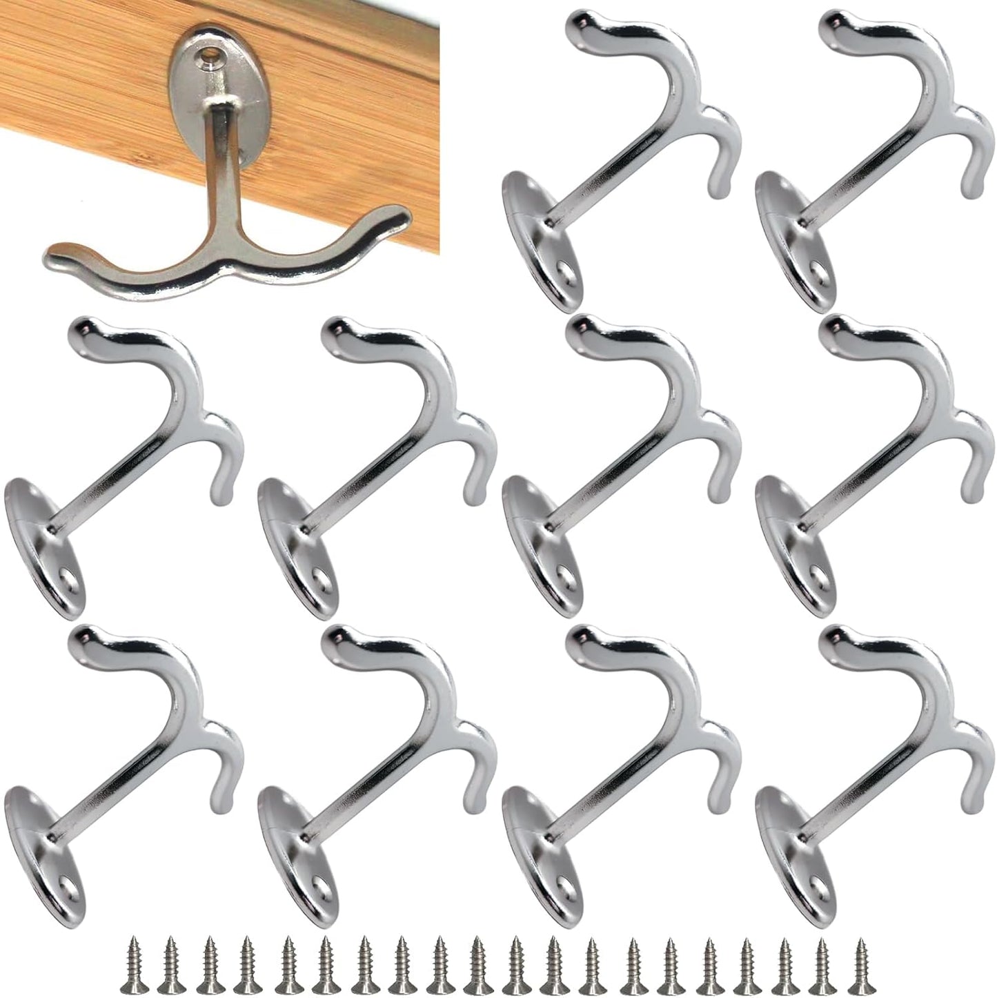 10 Pcs Zinc Alloy Ceiling Double Hook Cabinet Wardrobe Coat Towel Hat Hook Hooks Under Cabinet Shelf (Shiny Silver)