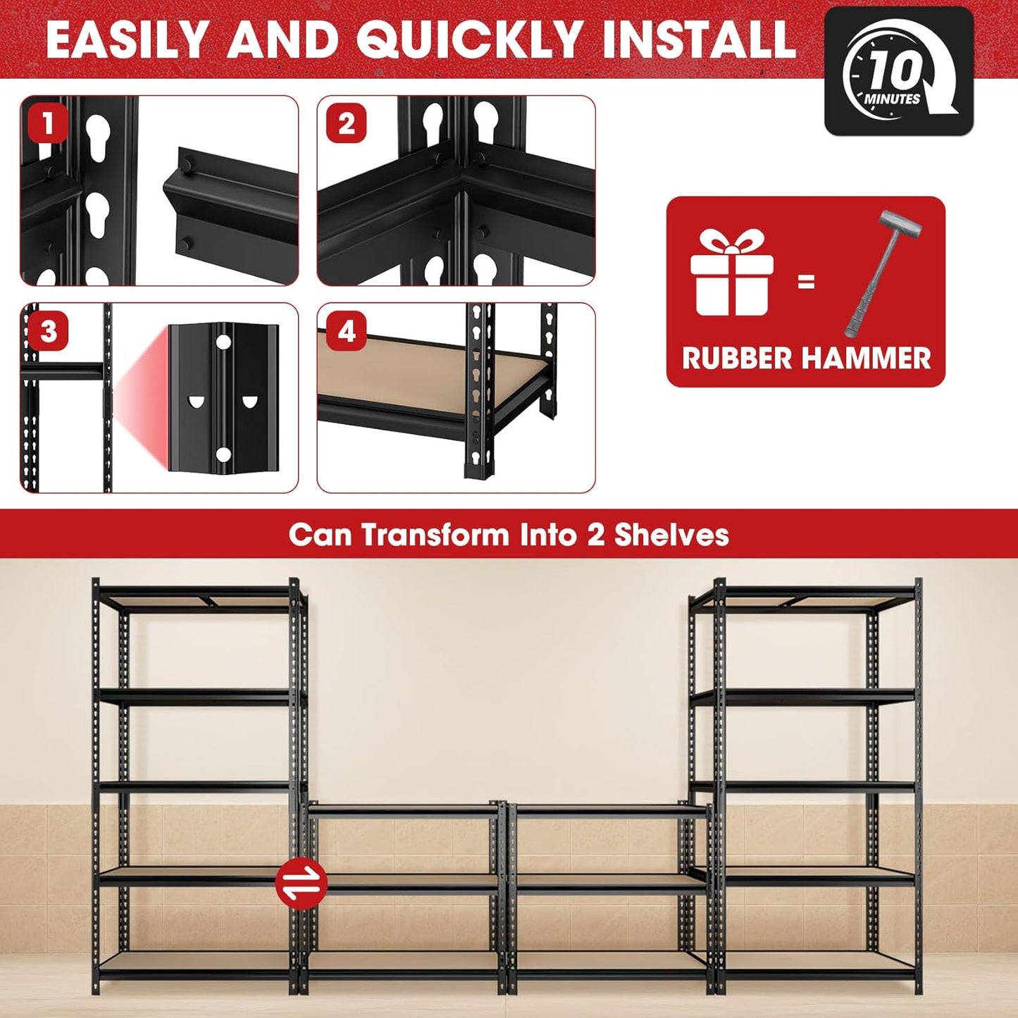 2 Pack 5 Tier Garage Shelving Unit, 72" H x 35.55" W x 16" D Metal Storage Shelves Heavy Duty, Adjustable Garage Storage Utility Rack for Kitchen Pantry Basement Bathroom Closet