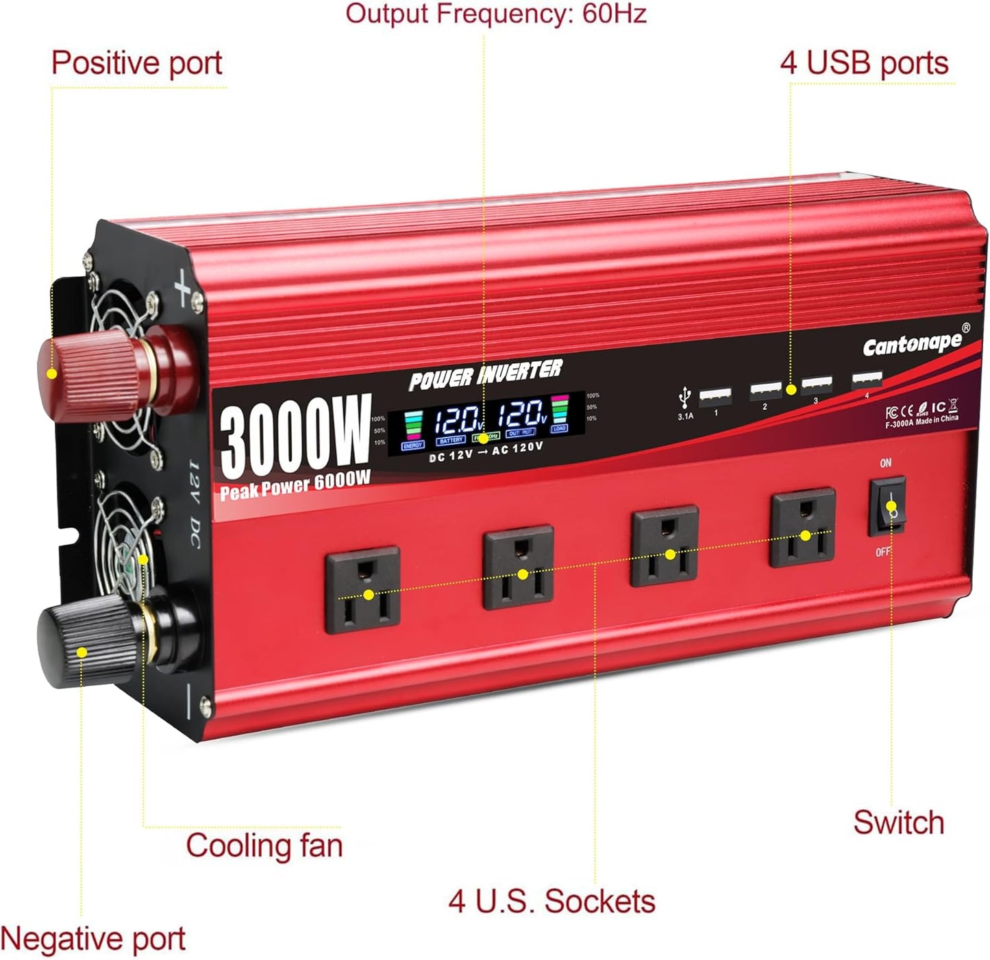 3000W Power Inverter 12V to 110V/120V DC to AC with LCD Display, Remote Controller 4 x AC Outlets and 4 x 3.1A USB Car Adapter for Car Truck Boat RV Solar System