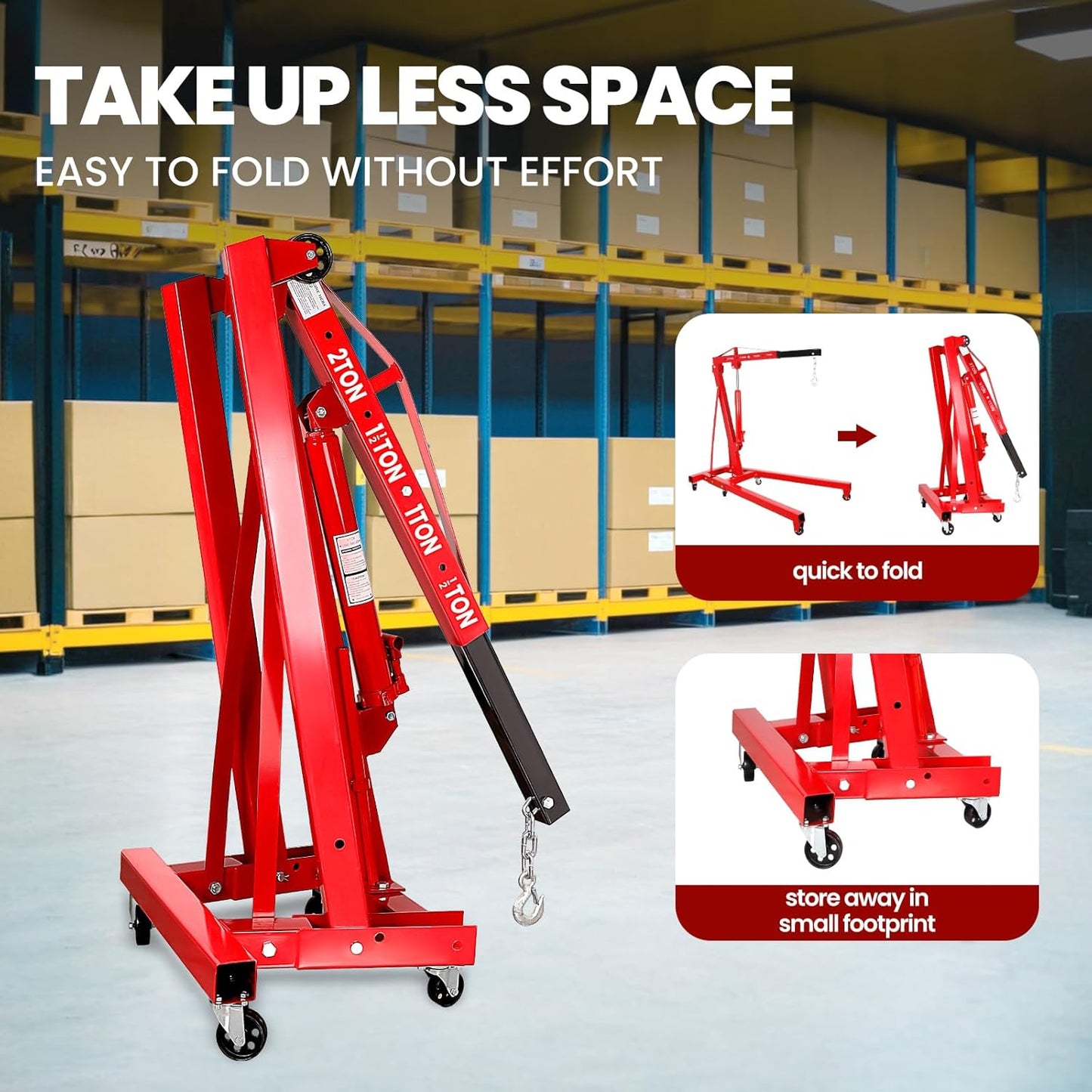 5500 Lbs Folding Cherry Picker Engine Hoist, 2.5 Ton Engine Crane with Lever, with 6 Casters, 8 Ton Hydraulic Pump 4 Adjustable Position, for Garage, Workshop, Repair (Red)