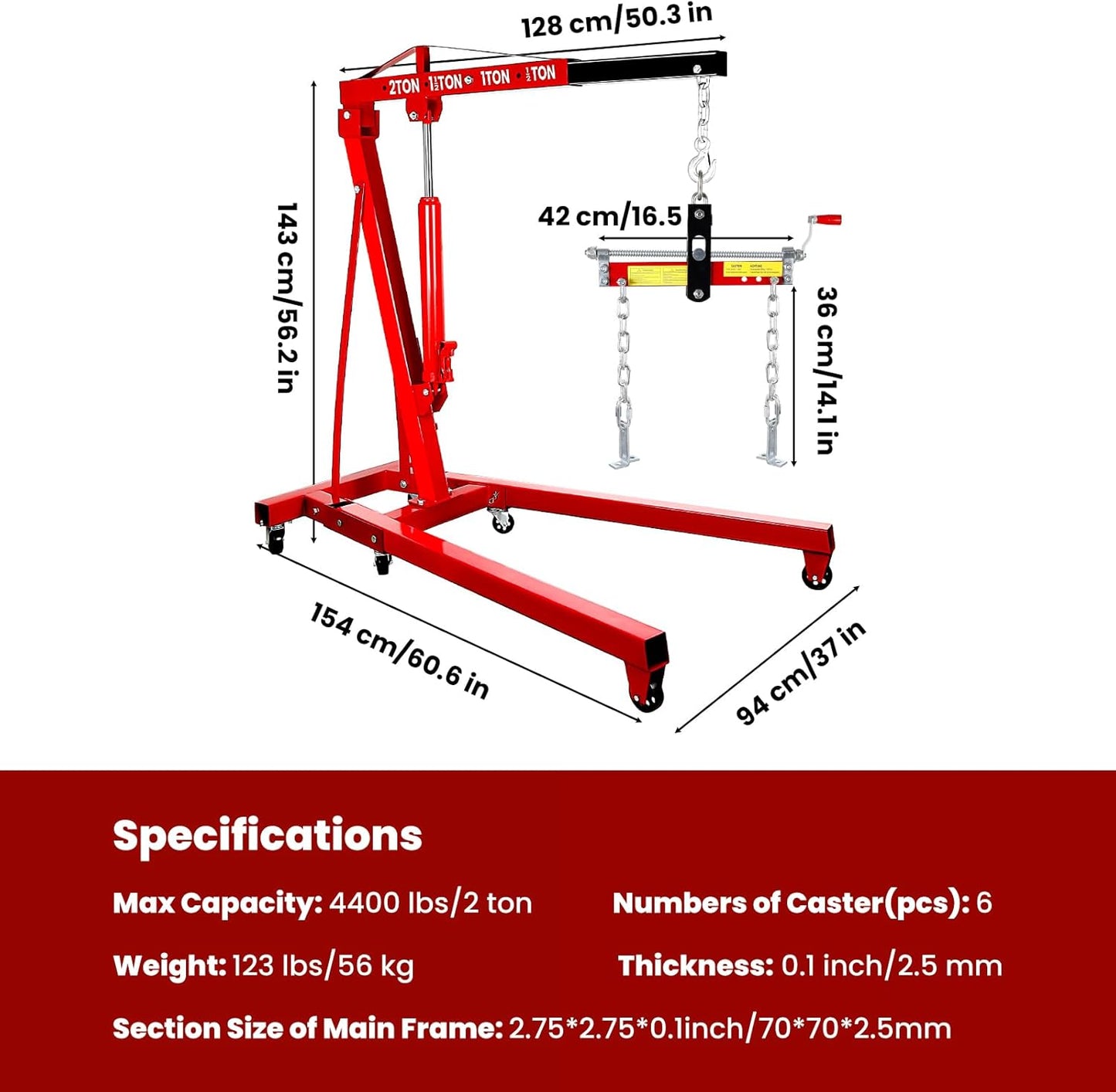 4400 Lbs Folding Cherry Picker, 2 Ton Engine Hoist with Lever, with 6 Casters, 8 Ton Hydraulic Pump 4 Adjustable Position, Engine Crane for Garage, Workshop, Repair, Red