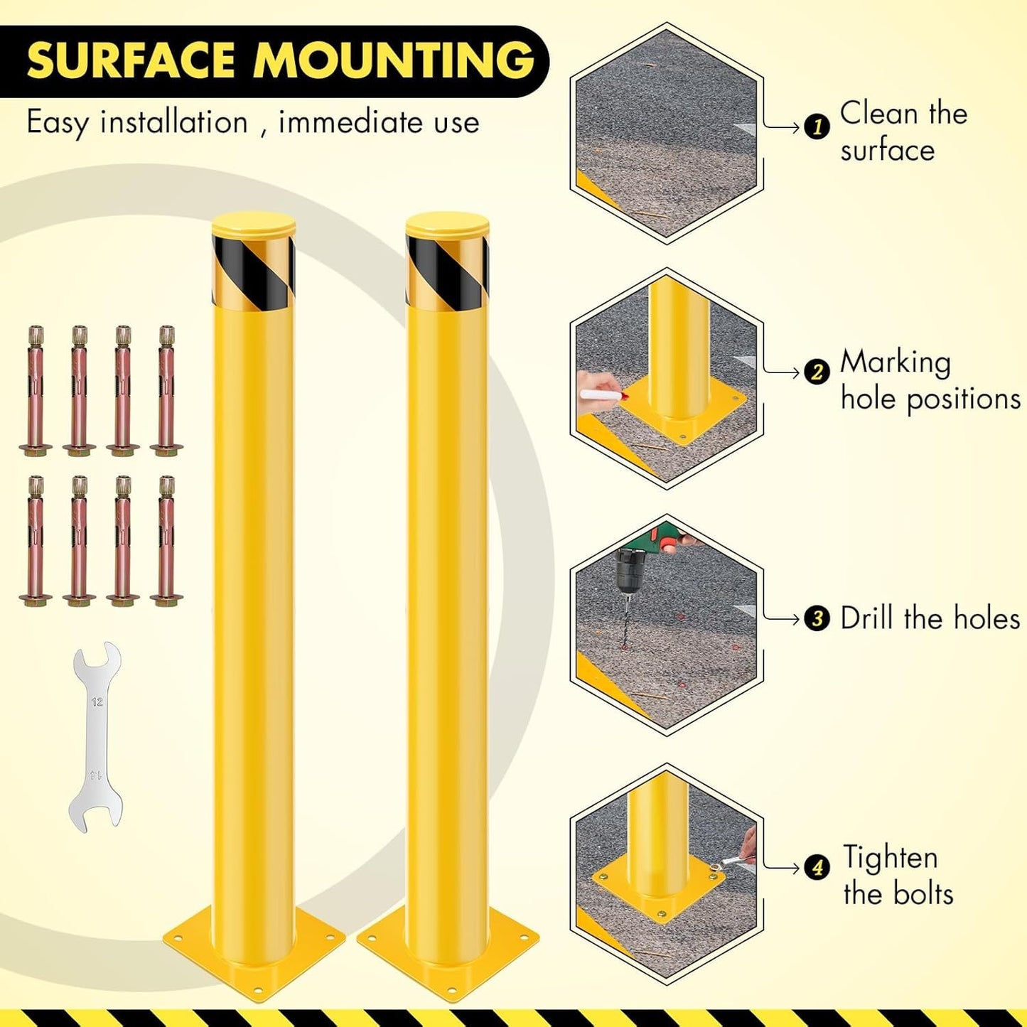 6 Pack Safety Bollard Post, 48 Inch Height 4.5 Inch Diameter Yellow Pipe Safety Steel Bollards with Anchor Bolts and Wrench, Steel Bollards for Road Warning Construction Traffic Control
