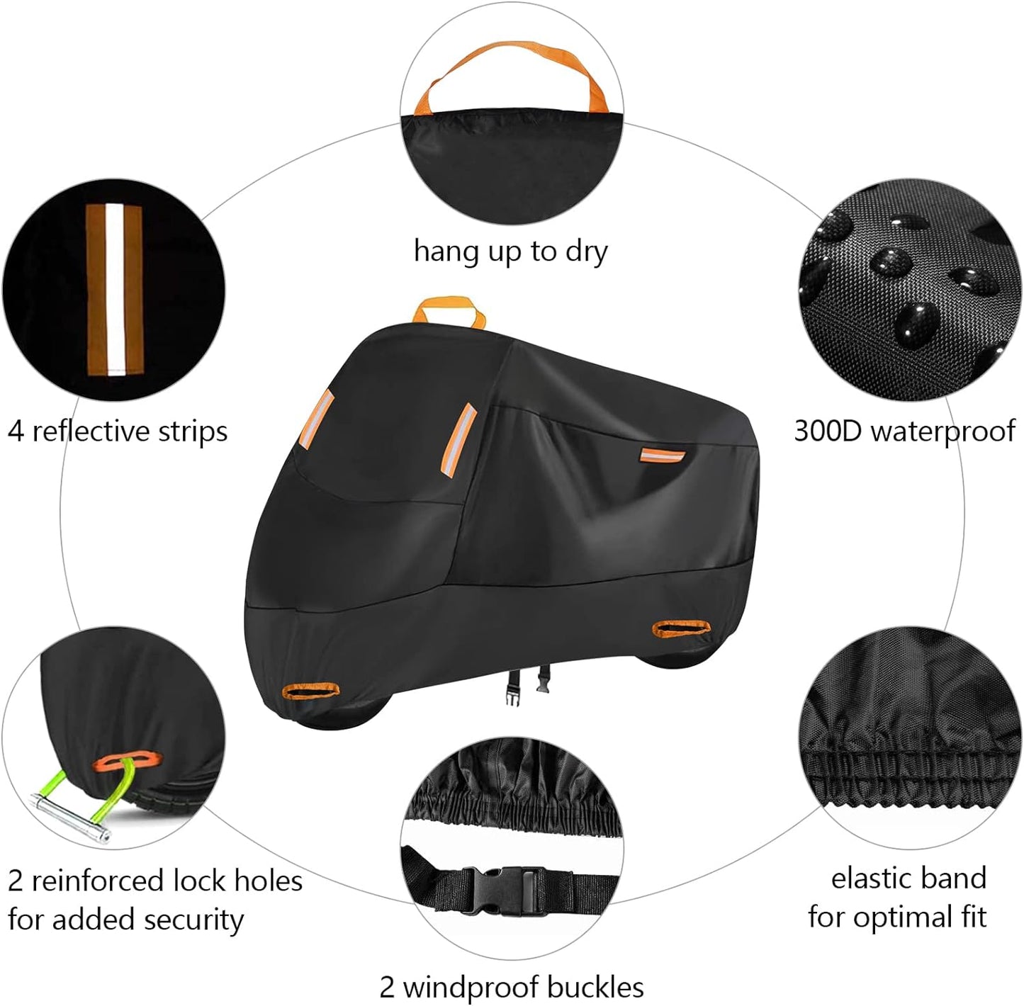300D Motorbike Cover Waterproof Outdoor, Seceles Durable All Season Protection Scooter Cover 4 Reflective Tape Storage Bag Fits up to 82" Funda para Moto (XL: 82" x 37" x 50")