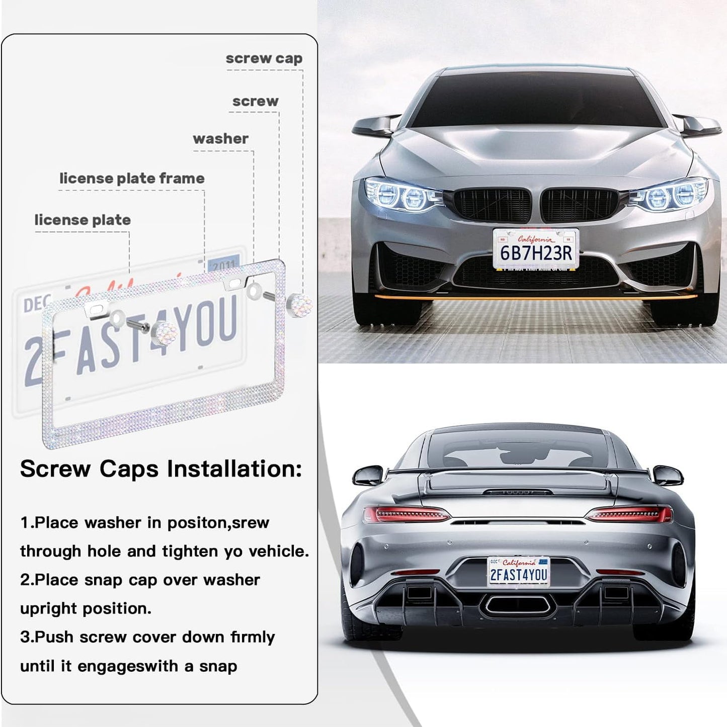 2 Pack License Plate Frames for Women, Sparkly Rhinestone Diamond Car Accessories with Glitter Crystal Caps (Colorful (2PCS))